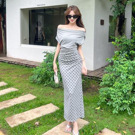 BY13445# 法式斜肩灰色波点上衣半身裙时尚套装女气质穿搭设计感简约两件套 服裝批發女裝批發服飾貨源