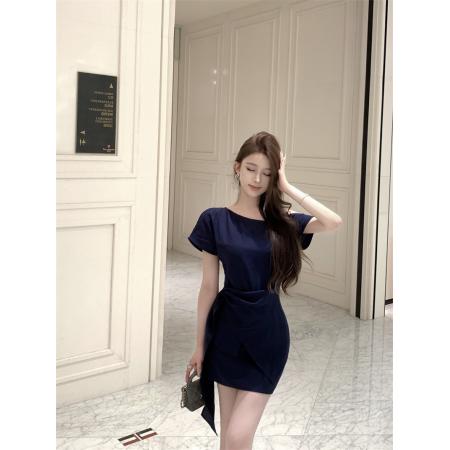 BY13447# 斜肩飘带小众收腰短袖上衣显瘦A字短裙套装 服裝批發女裝批發服飾貨源