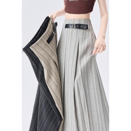 BY13448# 复古条纹高腰西装百褶裙女春夏气质百搭a字长裙今年超火半身裙子 服裝批發女裝批發服飾貨源