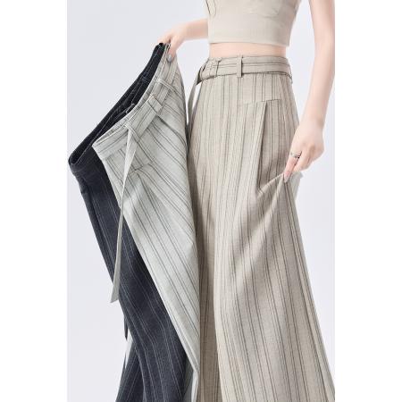 BY13449# 美式复古黑色条纹阔腿裤女春夏新款高腰百搭西装裤垂坠感休闲裤子 服裝批發女裝批發服飾貨源