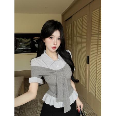 BY13453# 新款韩系学院风翻领假两件短袖衬衫女气质减龄上衣T恤 服裝批發女裝批發服飾貨源