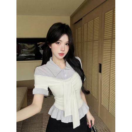 BY13453# 新款韩系学院风翻领假两件短袖衬衫女气质减龄上衣T恤 服裝批發女裝批發服飾貨源