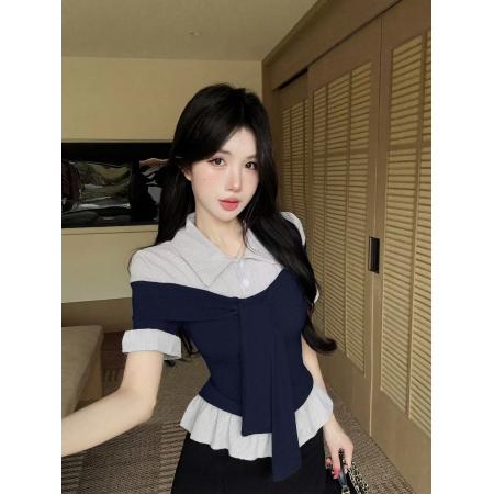BY13453# 新款韩系学院风翻领假两件短袖衬衫女气质减龄上衣T恤 服裝批發女裝批發服飾貨源