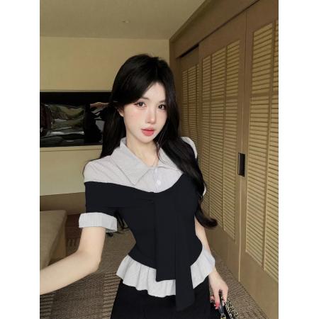 BY13453# 新款韩系学院风翻领假两件短袖衬衫女气质减龄上衣T恤 服裝批發女裝批發服飾貨源