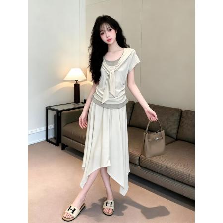 BY13454# 新款洋气设计感披肩收腰显瘦上衣+松紧腰不对称半身裙套装女 服裝批發女裝批發服飾貨源