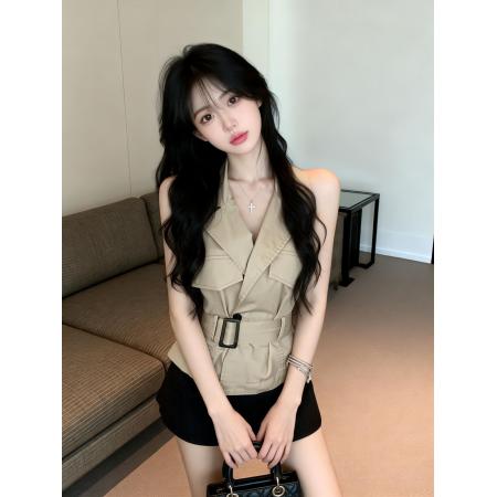 BY13456# 新款重工设计感双口袋盖饰POIO领显瘦马夹衬衣，配腰带 服裝批發女裝批發服飾貨源