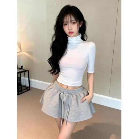 BY13457# 新款纯欲半高领七分袖修身上衣女+辣妹抽绳运动短裙套装女 服裝批發女裝批發服飾貨源