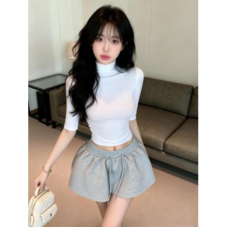 BY13457# 新款纯欲半高领七分袖修身上衣女+辣妹抽绳运动短裙套装女 服裝批發女裝批發服飾貨源