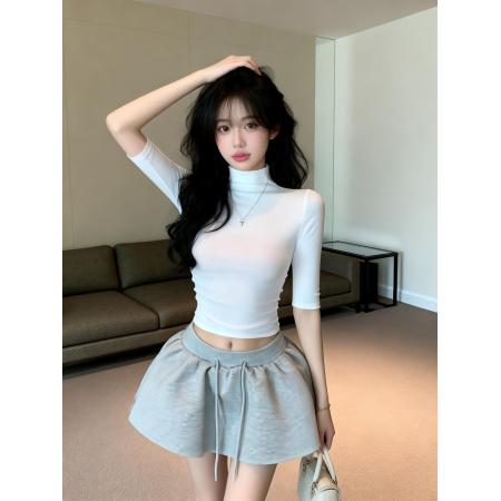 BY13457# 新款纯欲半高领七分袖修身上衣女+辣妹抽绳运动短裙套装女 服裝批發女裝批發服飾貨源