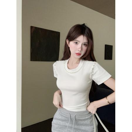 BY13459# 新款小个子气质重工钉珠纯棉T+甜辣妹抽绳运动短裙套装女 服裝批發女裝批發服飾貨源