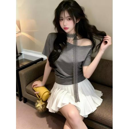 BY13460# 新款辣妹纯欲设计感蕾丝绑带斜肩修身短袖打底衫上衣女 服裝批發女裝批發服飾貨源