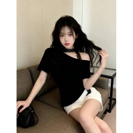 BY13460# 新款辣妹纯欲设计感蕾丝绑带斜肩修身短袖打底衫上衣女 服裝批發女裝批發服飾貨源