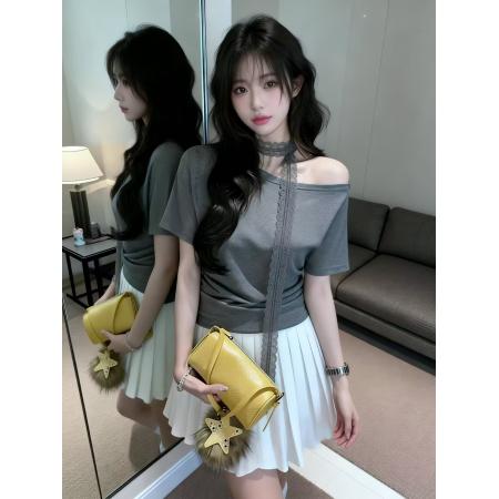 BY13460# 新款辣妹纯欲设计感蕾丝绑带斜肩修身短袖打底衫上衣女 服裝批發女裝批發服飾貨源