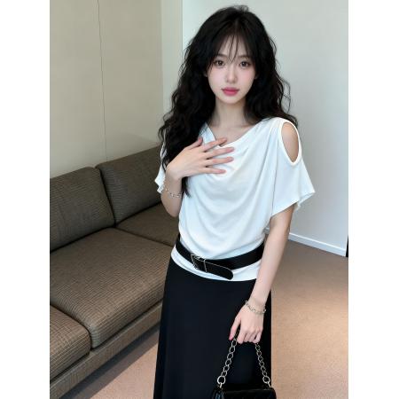 BY13464# 新款纯欲风时尚辣妹露肩短袖T恤+松紧腰半身裙+腰带三件套 服裝批發女裝批發服飾貨源