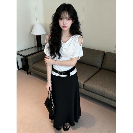 BY13464# 新款纯欲风时尚辣妹露肩短袖T恤+松紧腰半身裙+腰带三件套 服裝批發女裝批發服飾貨源
