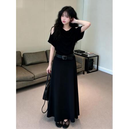 BY13464# 新款纯欲风时尚辣妹露肩短袖T恤+松紧腰半身裙+腰带三件套 服裝批發女裝批發服飾貨源