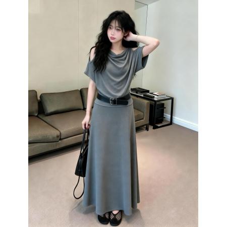 BY13464# 新款纯欲风时尚辣妹露肩短袖T恤+松紧腰半身裙+腰带三件套 服裝批發女裝批發服飾貨源