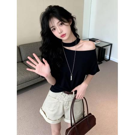 BY13465# 新款辣妹纯欲设计感挂脖镂空斜肩修身短袖打底衫上衣女 服裝批發女裝批發服飾貨源
