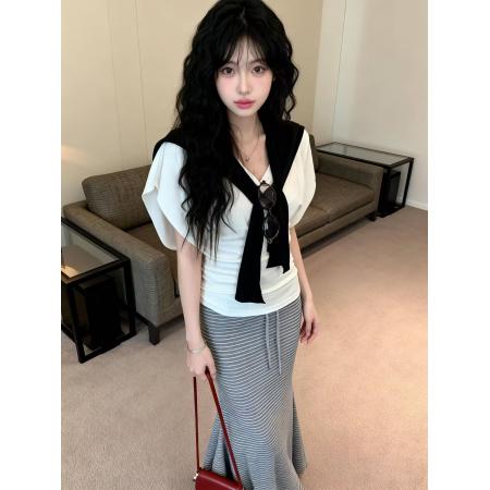 BY13467# 新款V领蝙蝠短袖收腰上衣+披肩+高腰条纹鱼尾裙三件套女 服裝批發女裝批發服飾貨源