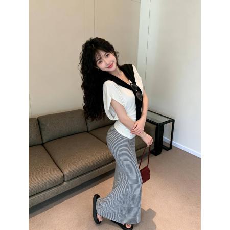 BY13467# 新款V领蝙蝠短袖收腰上衣+披肩+高腰条纹鱼尾裙三件套女 服裝批發女裝批發服飾貨源