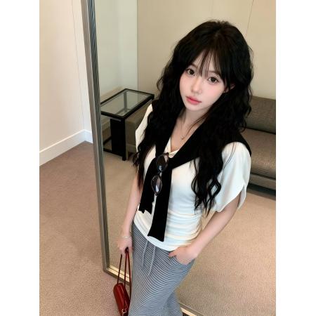 BY13467# 新款V领蝙蝠短袖收腰上衣+披肩+高腰条纹鱼尾裙三件套女 服裝批發女裝批發服飾貨源