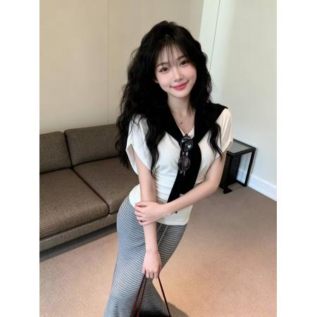 BY13467# 新款V领蝙蝠短袖收腰上衣+披肩+高腰条纹鱼尾裙三件套女 服裝批發女裝批發服飾貨源