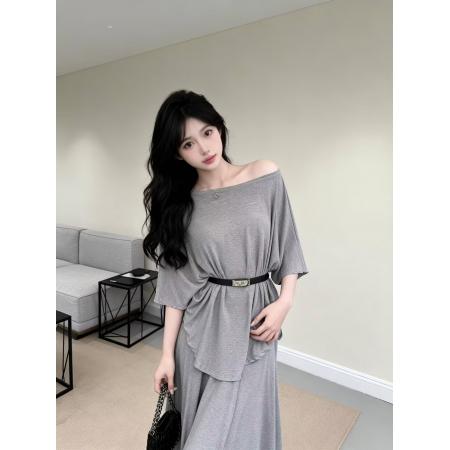 BY13468# 新款洋气设计感斜肩收腰显瘦上衣+松紧腰半身裙+腰带三件套 服裝批發女裝批發服飾貨源