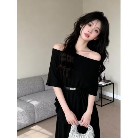 BY13468# 新款洋气设计感斜肩收腰显瘦上衣+松紧腰半身裙+腰带三件套 服裝批發女裝批發服飾貨源