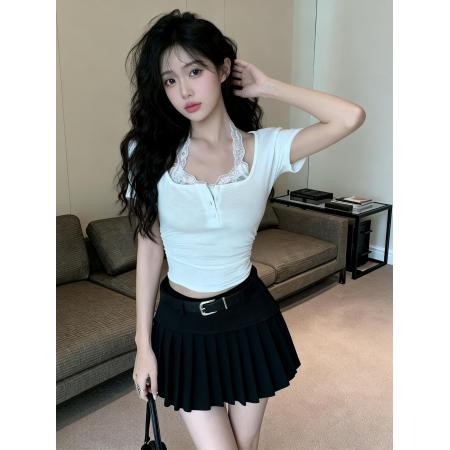 BY13471# 夏装辣妹挂脖蕾丝花边胸前扣子设计收腰气质正肩打底衫女 服裝批發女裝批發服飾貨源