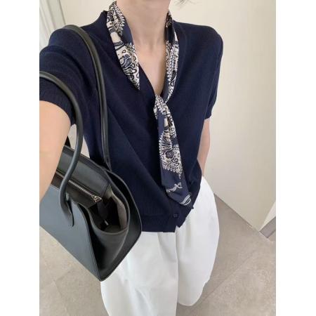 BY13473# 高端早秋新款V领单排扣开衫短袖针织衫女上衣送丝巾 服裝批發女裝批發服飾貨源