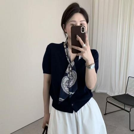 BY13473# 高端早秋新款V领单排扣开衫短袖针织衫女上衣送丝巾 服裝批發女裝批發服飾貨源