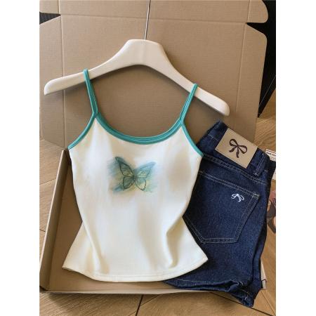 BY13474# 不减蝴蝶撞色吊带背心女带胸垫内搭外穿甜辣妹短款无袖上衣 服裝批發女裝批發服飾貨源