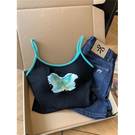 BY13474# 不减蝴蝶撞色吊带背心女带胸垫内搭外穿甜辣妹短款无袖上衣 服裝批發女裝批發服飾貨源