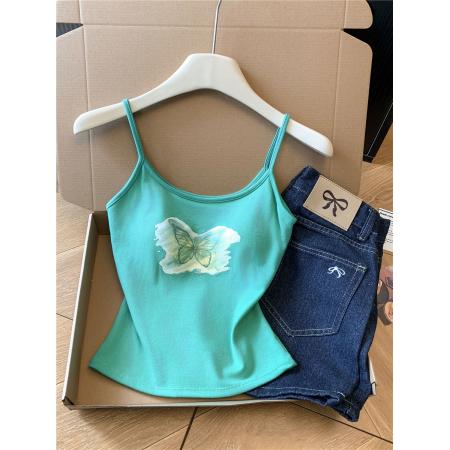 BY13474# 不减蝴蝶撞色吊带背心女带胸垫内搭外穿甜辣妹短款无袖上衣 服裝批發女裝批發服飾貨源