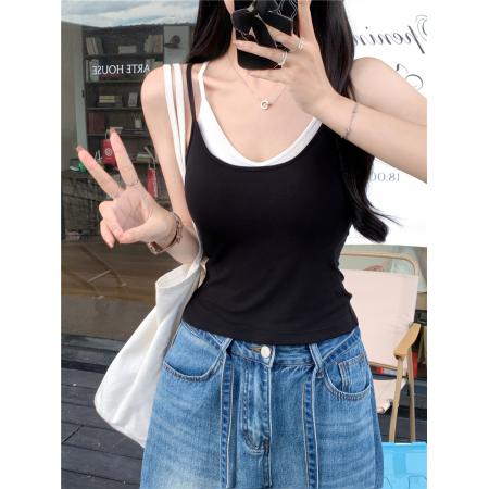 BY13476# 不减韩系假两件吊带背心女带胸垫内搭外穿休闲显瘦无袖上衣 服裝批發女裝批發服飾貨源