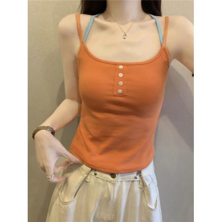 BY13478# 不减韩系纯欲撞色吊带背心女带胸垫内搭外穿设计感无袖上衣 服裝批發女裝批發服飾貨源