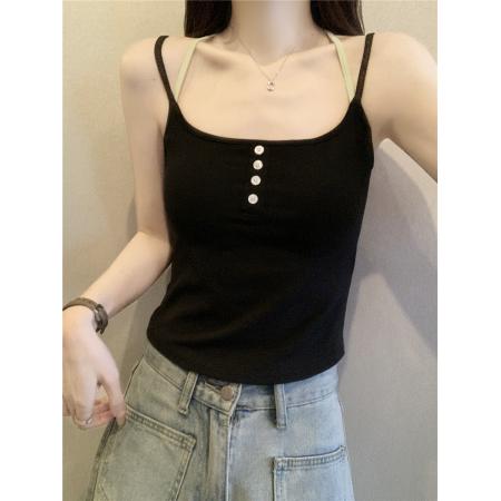 BY13478# 不减韩系纯欲撞色吊带背心女带胸垫内搭外穿设计感无袖上衣 服裝批發女裝批發服飾貨源