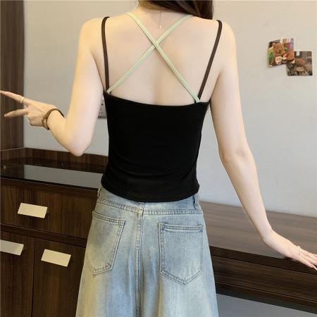 BY13478# 不减韩系纯欲撞色吊带背心女带胸垫内搭外穿设计感无袖上衣 服裝批發女裝批發服飾貨源