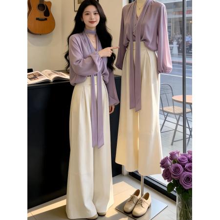 BY13480# 温柔风穿搭女装春夏气质系带紫色长袖衬衫搭配阔腿裤两件套高级感 服裝批發女裝批發服飾貨源