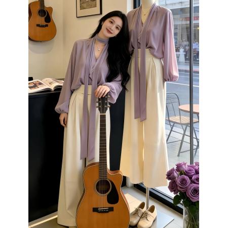 BY13480# 温柔风穿搭女装春夏气质系带紫色长袖衬衫搭配阔腿裤两件套高级感 服裝批發女裝批發服飾貨源