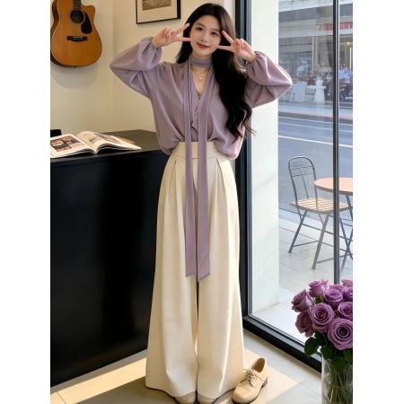 BY13480# 温柔风穿搭女装春夏气质系带紫色长袖衬衫搭配阔腿裤两件套高级感 服裝批發女裝批發服飾貨源