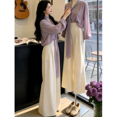 BY13480# 温柔风穿搭女装春夏气质系带紫色长袖衬衫搭配阔腿裤两件套高级感 服裝批發女裝批發服飾貨源