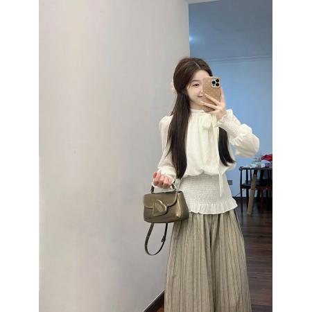 BY13481# 时尚套装女春秋新款法式气质系带领长袖衬衫搭配条纹阔腿裤两件套 服裝批發女裝批發服飾貨源