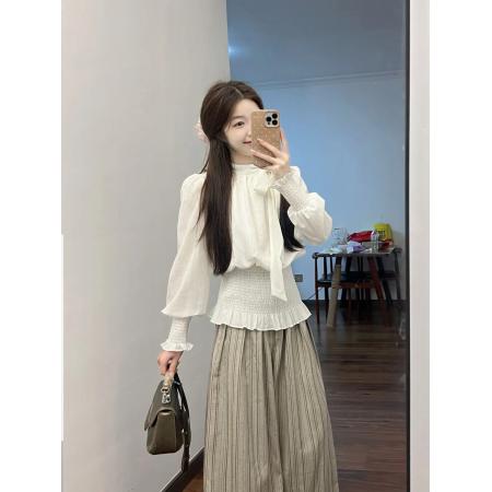 BY13481# 时尚套装女春秋新款法式气质系带领长袖衬衫搭配条纹阔腿裤两件套 服裝批發女裝批發服飾貨源