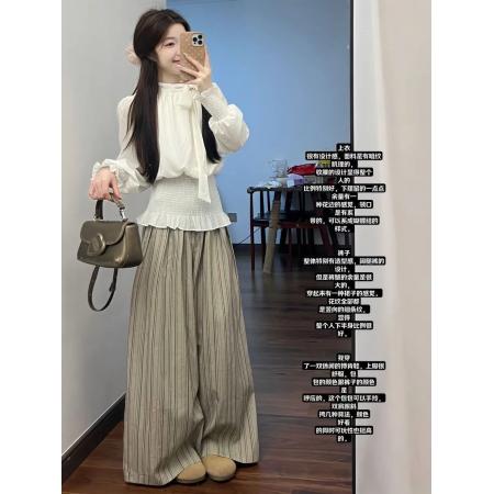 BY13481# 时尚套装女春秋新款法式气质系带领长袖衬衫搭配条纹阔腿裤两件套 服裝批發女裝批發服飾貨源