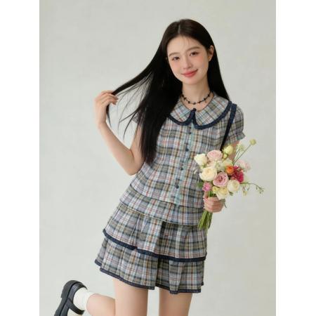 BY13483# 日杂系学院风套装女夏季美式复古格子短袖衬衫蓬蓬半身裙两件套甜 服裝批發女裝批發服飾貨源