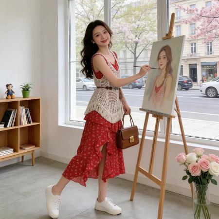 BY13484# 旅游度假风套装女夏季新款镂空流苏罩衫叠穿碎花连衣裙两件套独特 服裝批發女裝批發服飾貨源