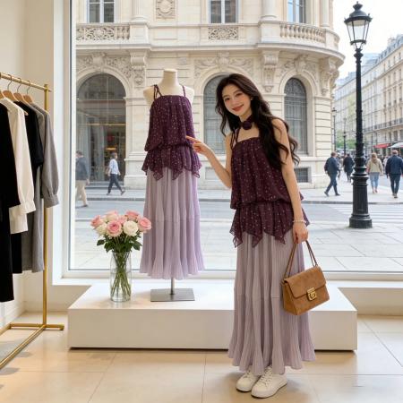 BY13485# 初夏独特绝美小套装女新款度假波点吊带背心百褶半身裙两件套漂亮 服裝批發女裝批發服飾貨源