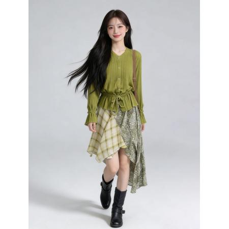 BY13486# 复古草绿色长袖系带针织衫上衣早春女不规则半身裙田园风两件套装 服裝批發女裝批發服飾貨源