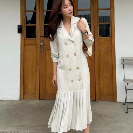 BY13488# 法式优雅百褶西装式长款连衣裙 服裝批發女裝批發服飾貨源
